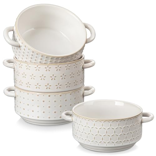 MALACASA Doppelgriff-Suppenschalen Set 4er, 600 ml Steingut-Schüsseln mit Relief, Ideal für Suppe, Eintopf, Pasta & Desserts, Hochwertige Steingut, Serie LYDIA Beige von MALACASA
