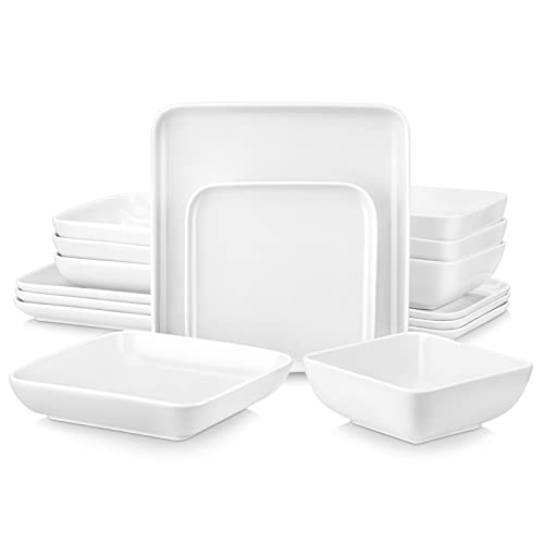 MALACASA Geschirr-Sets für 4, Elfenbeinweiß quadratische Teller und Schalen Sets, 16-teiliges Porzellan-Geschirrset mit Speisetellern, Geschirrset mikrowellengeeignet, Serie IVY von MALACASA