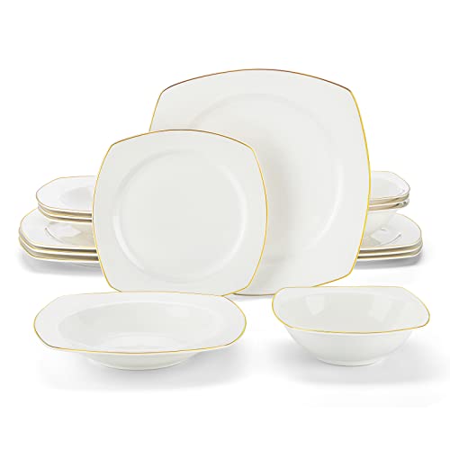 MALACASA Geschirrset für 4, 16-teiliges Bone China Kombiservice Serie RAFA, Rundes weißes Tafelservice mit goldenem Rand, mit Speiseteller, Dessertteller, Suppenteller und Müslischale je 4 von MALACASA