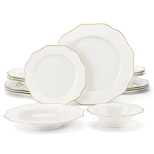 MALACASA Geschirrset für 4, 16-teiliges Bone China Tafelservice Serie Lotus, Rundes weißes Kombiservice mit goldenem Rand, mit Speiseteller, Dessertteller, Suppenteller und Müslischale je 4 von MALACASA
