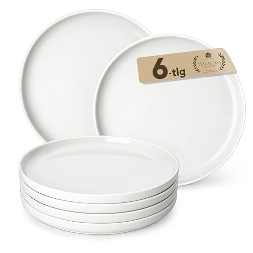 MALACASA LUNA Dessertteller Set für 6 Personen, Ø 21 cm Frühstücksteller aus weißem Porzellan, Servierteller mit erhöhtem Rand für Kuchen, Salat und Vorspeisen von MALACASA