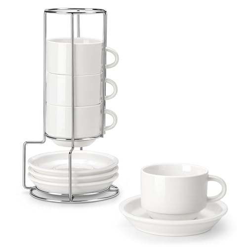 MALACASA Serie Regular, Espressotassen Set, Porzellan Espressotassen mit Untertassen, 240 ml Espresso Tassen/Espressotassen Set mit Ständer von MALACASA