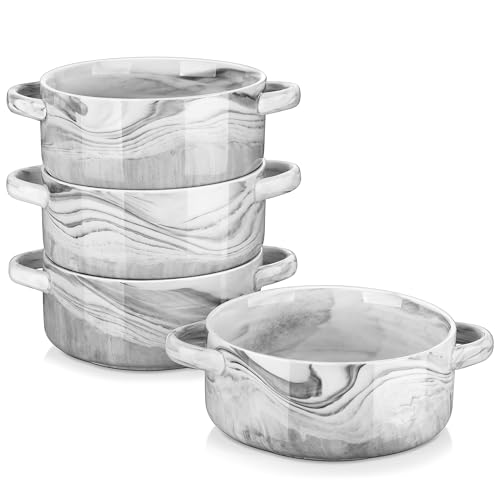 MALACASA Suppenschalen mit Griffen, 800 ML Porzellan Suppenschalen Set von 4, Elfenbein weiß servieren Suppe Crocks Schalen für Französisch Zwiebelsuppe, Getreide und Eintopf, Serie Regular (Grau) von MALACASA