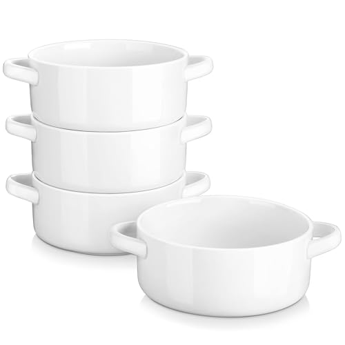 MALACASA Suppenschalen mit Griffen, 800 ML Porzellan Suppenschalen Set von 4, Elfenbein weiß servieren Suppe Crocks Schalen für Französisch Zwiebelsuppe, Getreide und Eintopf, Weiß Serie Regular von MALACASA