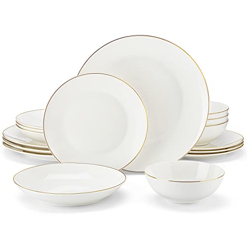 MALACASA Tafelservice für 4, 16-teiliges Bone China Geschirrset Serie JERA, Rundes weißes Kombiservice mit goldenem Rand, mit Speiseteller, Dessertteller, Suppenteller und Müslischale je 4 von MALACASA