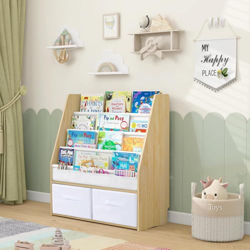 MALLBEST Hängendes Bücherregal für Kinder mit 2 Aufbewahrungsboxen & Spielzeug-Organizer | Natur Massivholz Baby-Bücherregal (WO) von MALLBEST