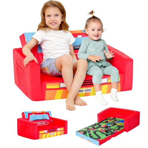 MALLBEST Kindersofa Ausklappbar 2 in 1 Schlafsofa Kindersessel für Kinderzimmer, Faltbares Sofa für Jungen & Mädchen, Geschenkidee (Breite Version, Rot) von MALLBEST