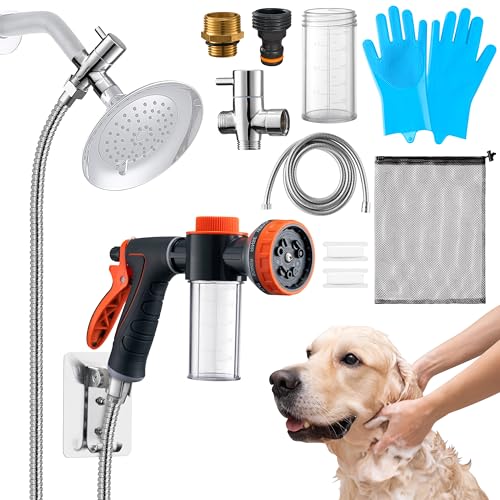 MALLMALL6 Hunde-Waschschlauchaufsatz mit 100 cc Seifenspender, 10-in-1-Sprühmodi, Schaumstoffdüsensprüher mit Metall-3-Wege-Duschumsteller und 18 cm langem Schlauch für Haustier-Badezimmer, Duschen von MALLMALL6