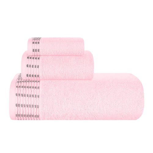 MALLONI HOME Ultra-weiches 3er-Pack Baumwoll-Handtuch-Set, enthält a übergroße Badetücher 70 x 140 cm, a Handtücher 40 x 60 cm und a Waschbetten 30 x 30 cm, Rosa von MALLONI HOME