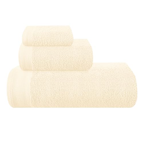 MALLONI HOME Ultra-weiches 3er-Pack Baumwollhandtuch-Set, enthält a übergroße Badetücher 70 x 140 cm, a Handtücher 40 x 60 cm und 2 Waschküchen 30 x 30 cm, elfenbeinfarben von MALLONI HOME