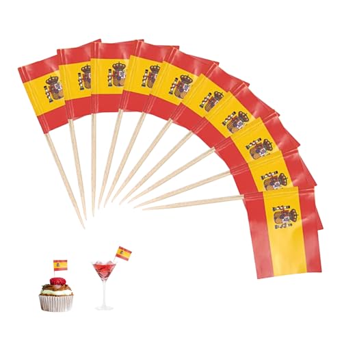 100 Stück Zahnstocher Flaggen,Europa Flagge,Cocktail Stäbchen Fähnchen,Cocktailspieße,Verschiedene Lebensmittel Toothpick Flags (Spanien) von MALOUSUN