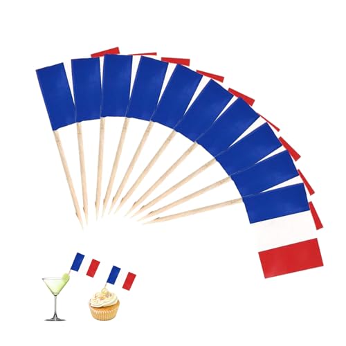100 Stück Frankreich Zahnstocher Flaggen,Frankreich Deko,Frankreich Flagge Stick,Französische Deko Fahne Mini Cupcake Topper,Zahnstocher mit Fähnchen,Cocktail Party Pub Dekoration für Fußball EM WM von MALOUSUN
