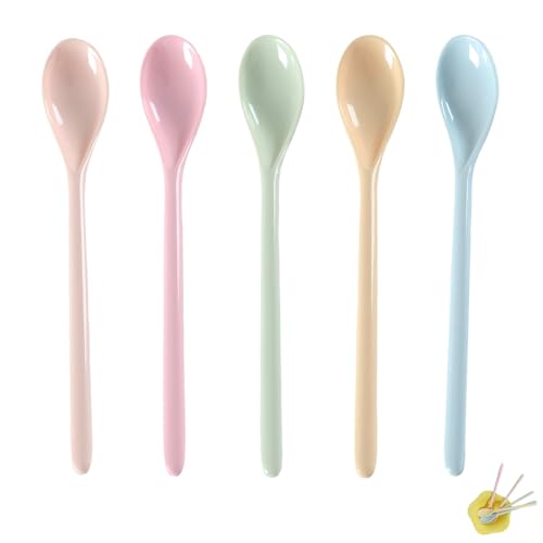 5 Stück Eierlöffel Kunststoff,Farbe Plastik Löffel,Plastiklöffel Lang,Lange Löffel Bunt,Marmeladenlöffel,Suppenlöffel,Kaffeelöffel,Kunststofflöffel Mehrweg für Kaffee Getränke Eier Eis Joghurt Dessert von MALOUSUN