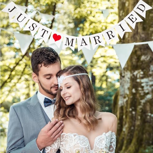 Just Married Girlande,Hochzeitsgirlande,Just Married Hochzeit Banner Deko,Vintage Hochzeitsdeko,Wimpelkette Hochzeit,Hochzeitsbanner mit Seil,Junggesellinnenabschied,Brautdusche,Fotohintergrund (B) von MALOUSUN