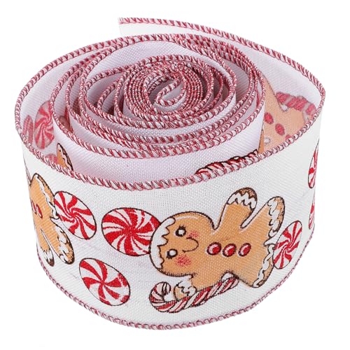 MALUGOGO Breites Weihnachtsband mit genähten Kanten, Weihnachtsgeschenkband für Bastelarbeiten, Heimdekoration und handgefertigte Schleifen, weißes Lebkuchenmuster, tragbar für einfache Verwendung und von MALUGOGO