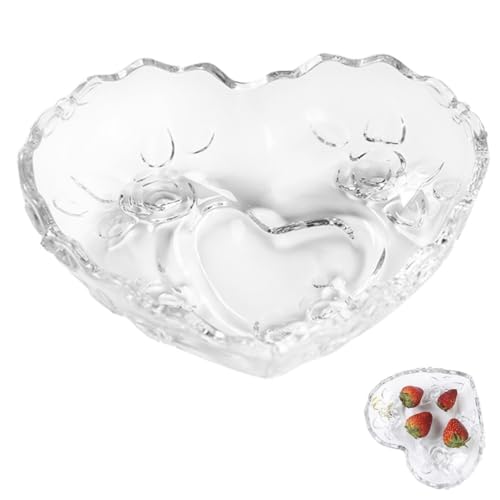 MALUGOGO Herzförmiges Glastablett Desktop Servierschale für Snacks und Früchte geprägte dekorative Süßigkeitenteller schmutzabweisend Allzweckplatte für den Haushalt Hitzebeständig Transparent Obst von MALUGOGO