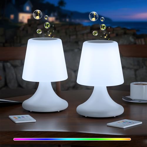 MALUX 2 Stück Tischlampe mit Lautsprecher LED Akku Tischlampe Outdoor Kabellose wasserdichte Lautsprecher für Schlafzimmer Wohnzimmer Terrasse Garten Geschenke von MALUX