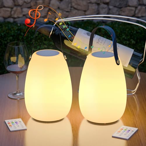 MALUX 2er Set Outdoor Tischlampe mit Lautsprecher, RGB LED Akku Tischlampe, Kabellose Tischlampe Wasserdichte Lautsprecher für Schlafzimmer Wohnzimmer Terrasse Garten Geschenke von MALUX