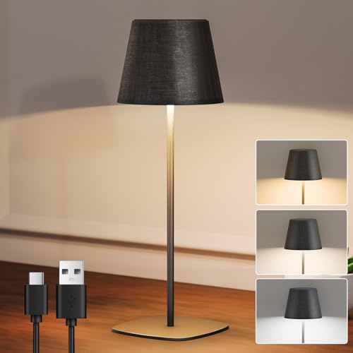 MALUX LED Dimmbare Akku Tischlampe Kabellose mit Touch,dimmbar in Stufen höhenverstellbar Akku Tischlampe, IP44 Wasserdichte Tischleuchte mit USB-C für Restaurant, Party Schwarz von MALUX