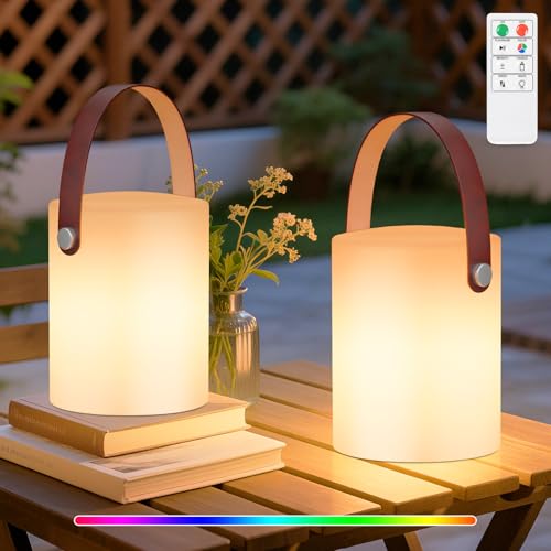MALUX Outdoor Lampe Akku LED Outdoor Tischlampe mit Fernbedienung Warmweiß 8 Farben Wasserdicht Ideales Dekor für Ihr Haus und Garten ostern dekoration (Ledergriff) von MALUX