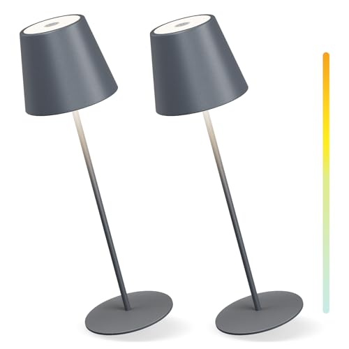 MALUX Tischlampe Kabellos 2Stück Touch Control Dimmbare Warmweiß 2700K-4000K Metall Led Tischlampe Akku Wasserdicht IP54 Led Akku Tischleuchte für Garten Esstisch Schlafzimmer Balkon Hotel(Grau) von MALUX