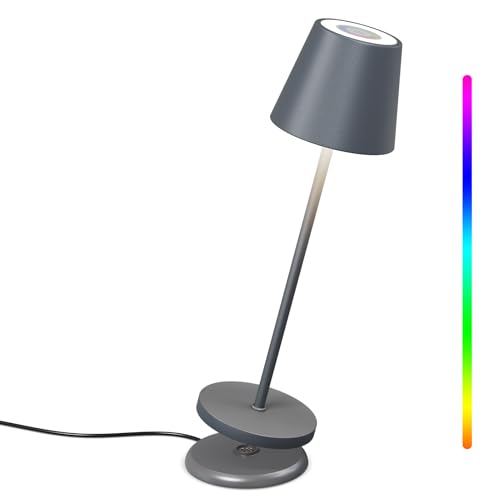 MALUX Tischlampe Kabellos, Dimmbare Touch Control Tischleuchte Kabellos mit 8 Farben, Metall RGB Led Tischlampe Akku wasserdicht IP54 für Haus und Garten Esstisch Schlafzimmer Balkon Hotel (Grau) von MALUX