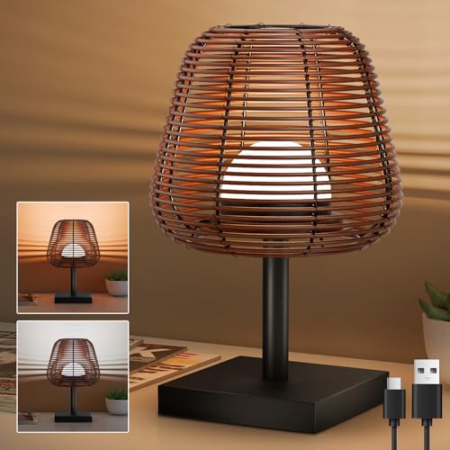 MALUX Tischleuchte kabellos Dimmbar, Rattan aus Bambus und Holz, Modern LED Tischlampe mit Ladefunktion USB,LED Tischlampe Kabellos Akku Aufladbar, Dekorative Nature Tischleuchte von MALUX