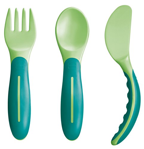 MAM Babybesteck BPA frei Messer Gabel Löffel Set Besteck Set für Kleinkinder Voll funktionsfähiges Esslernbesteck Kleinkindbesteck Farbe Seegras von MAM