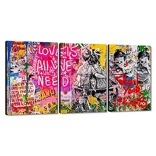 Banksy Street Classic Graffiti Wandkunst, Love is All We Need inspirierendes Zitat Poster Bild Kunstdruck auf Leinwand, Pop Gemälde für Wohnzimmer Schlafzimmer 3teilig gerahmtes Kunstwerk fertig zum von MAMAGO