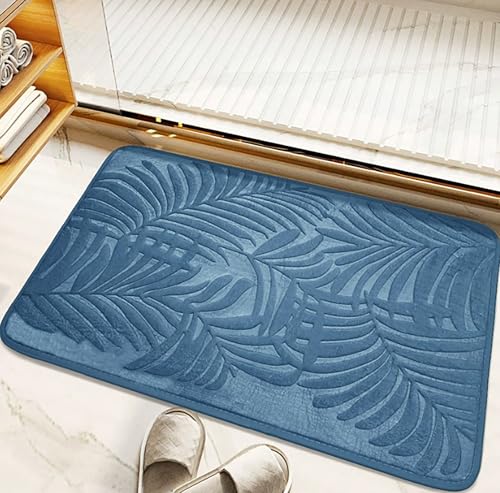 MAMAM Badematte aus Memory-Schaum mit Blattmuster, saugfähiger quadratischer Badezimmerteppich, rutschfeste Duschmatte, Badewannenmatte aus Plüsch-Mikrofaser, Eingangsteppich(Blau,60 * 90CM) von MAMAM