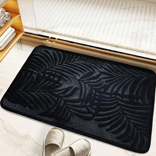 MAMAM Badematte aus Memory-Schaum mit Blattmuster, saugfähiger quadratischer Badezimmerteppich, rutschfeste Duschmatte, Badewannenmatte aus Plüsch-Mikrofaser, Eingangsteppich(Schwarz,40 * 50CM) von MAMAM