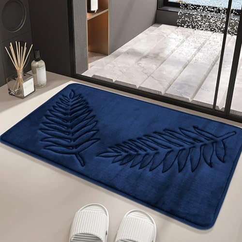 MAMAM Quadratische Badematte mit Blattmuster, Badezimmerteppich aus Memory-Schaum, saugfähige, rutschfeste Duschmatte, Badewannenmatte aus Plüsch-Mikrofaser, Eingangsteppich(Blau,40 * 50CM) von MAMAM