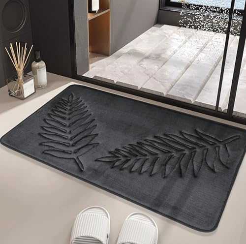 MAMAM Quadratische Badematte mit Blattmuster, Badezimmerteppich aus Memory-Schaum, saugfähige, rutschfeste Duschmatte, Badewannenmatte aus Plüsch-Mikrofaser, Eingangsteppich(Dunkelgrau,40 * 50CM) von MAMAM