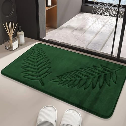 MAMAM Quadratische Badematte mit Blattmuster, Badezimmerteppich aus Memory-Schaum, saugfähige, rutschfeste Duschmatte, Badewannenmatte aus Plüsch-Mikrofaser, Eingangsteppich(Grün,50 * 80CM) von MAMAM
