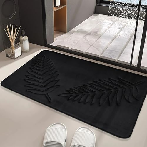 MAMAM Quadratische Badematte mit Blattmuster, Badezimmerteppich aus Memory-Schaum, saugfähige, rutschfeste Duschmatte, Badewannenmatte aus Plüsch-Mikrofaser, Eingangsteppich(Schwarz,40 * 60CM) von MAMAM