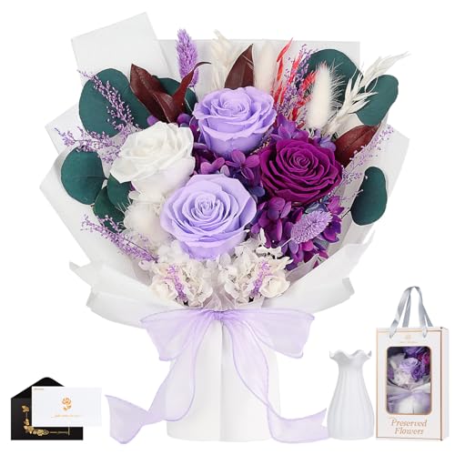 Ewige Rosen Blume Strauß mit Vase-Lila, Infinity Konservierte Echt Flower, Rosestrauß in Geschenkbox, Lila Geschenk für Sie Frauen Freundin Mama Oma zum Valentinstag Jahrestag Geburtstag Muttertag Ewige Rosen Blume Strauß mit Vase-Lila, Infinity Konservierte Echt Flower, Rosestrauß in Geschenkbox, Lila Geschenk für Sie Frauen Freundin Mama Oma zum Valentinstag Jahrestag Geburtstag Muttertag von MAMAMIKO