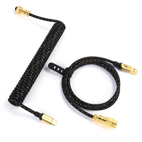 MAMBASNAKE C03 Coiled USB C Kabel für Gaming-Tastatur, Starlight Geflochtenes Tastaturkabel, Typ C bis USB A, Braided Cable USB C, Spiral Tastaturkabel Typ C, 24K-Gold-Luftfahrtanschluss - Schwarz von MAMBASNAKE