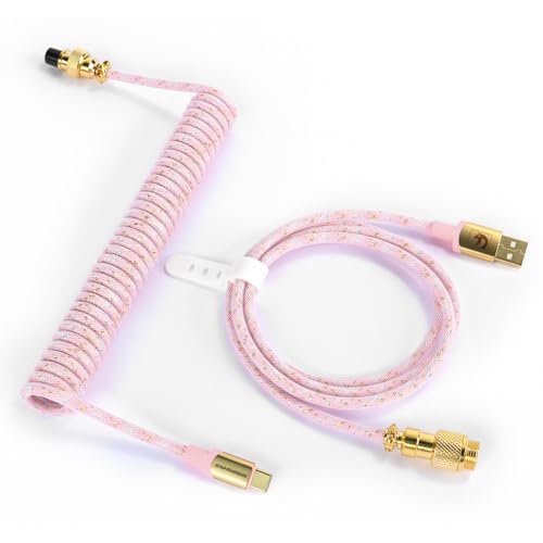 MAMBASNAKE C03 Coiled USB C Kabel für Gaming-Tastatur, Starlight Geflochtenes Tastaturkabel, Typ C bis USB A, Braided Cable USB C, Spiral Tastaturkabel Typ C, Abnehmbare Gold-Luftfahrtanschluss-Rosa von MAMBASNAKE