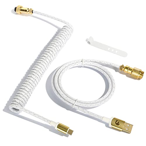 MAMBASNAKE C03 Coiled USB C Kabel für Gaming-Tastatur, Starlight Geflochtenes Tastaturkabel, Typ C bis USB A, Braided Cable USB C, Spiral Tastaturkabel Typ C, Abnehmbare Gold-Luftfahrtanschluss-Weiß von MAMBASNAKE