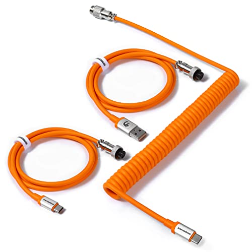 MAMBASNAKE C04 USB-C-Spiralkabel für Mechanische Tastaturen, Custom 2 In 1 Aviator Cable – USB A auf Typ C und Typ C auf Typ C Kabel, Double Sleeved Federladekabel mit 5-Pin Fliegerstecker – Orange von MAMBASNAKE