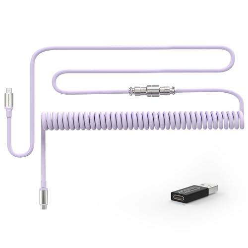 MAMBASNAKE USB-C-Spiralkabel für mechanische Tastatur mit USB-auf-USB-C-Adapter, Typ C auf Typ C, TPU-Doppelhülsen-Ladekabel mit 5-poligem Aviator-Stecker aus Metall, 4,92 Fuß Länge — Violett von MAMBASNAKE