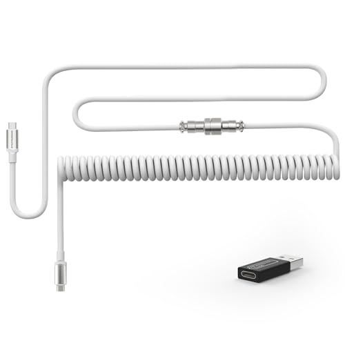 MAMBASNAKE C04 USB-C-Spiralkabel für Mechanische Tastaturen mit USB-zu-USB-C-Adapter, Typ C auf Typ C Aviator Cable, Double Sleeved Federladekabel mit 5-Pin Metall Aviation-stecker, 4,92 Fuß - Weiß von MAMBASNAKE