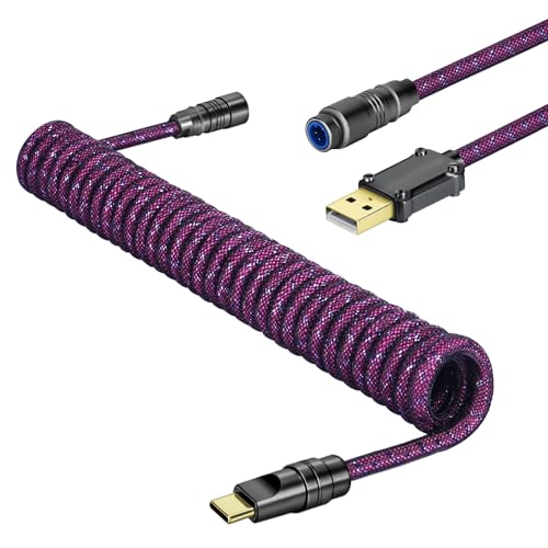 MAMBASNAKE C05 Custom Coiled Aviator USB C Kabel für Gaming Tastatur, Nylon Geflochten, USB-A auf USB-C, Doppelhülse Mechanisches Tastaturkabel, Abnehmbares CNC-Metall-Luftfahrtstecker, 1,5 m, Rosarot von MAMBASNAKE