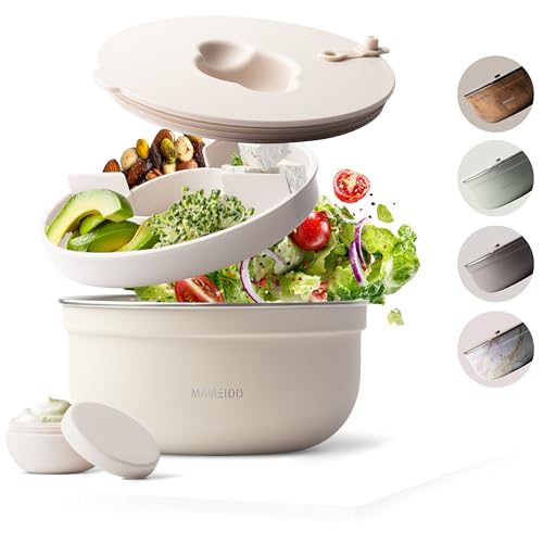 MAMEIDO Salatbox to go 1,5 l, Bowl Lunchbox Erwachsene aus Edelstahl, Bento Box BPA-frei mit Fächern & auslaufsicherem Dressingbehälter, Essensbox Meal Prep (Ivory Beige) von MAMEIDO