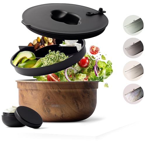 MAMEIDO Salatbox to go 1,5 l, Bowl Lunchbox Erwachsene aus Edelstahl, Bento Box BPA-frei mit Fächern & auslaufsicherem Dressingbehälter, Essensbox Meal Prep (Oak Wood) von MAMEIDO