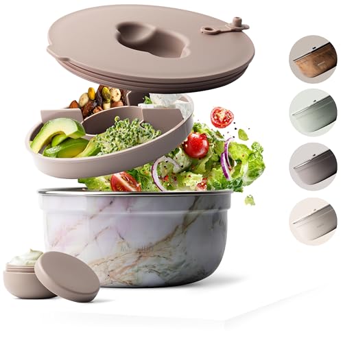 MAMEIDO Salatbox to go 1,5 l, Bowl Lunchbox Erwachsene aus Edelstahl, Bento Box BPA-frei mit Fächern & auslaufsicherem Dressingbehälter, Essensbox Meal Prep (Pearl Marble) von MAMEIDO