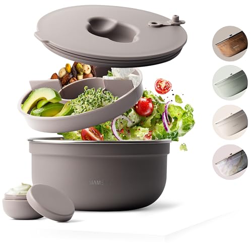 MAMEIDO Salatbox to go 1,5 l, Bowl Lunchbox Erwachsene aus Edelstahl, Bento Box BPA-frei mit Fächern & auslaufsicherem Dressingbehälter, Essensbox Meal Prep (Taupe Grey) von MAMEIDO