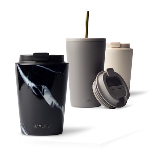MAMEIDO Thermobecher 350 ml, dichter Kaffeebecher to go aus Edelstahl doppelwandig isoliert, auslaufsicher, Coffee to go Becher warmhaltend (Black Marble) von MAMEIDO