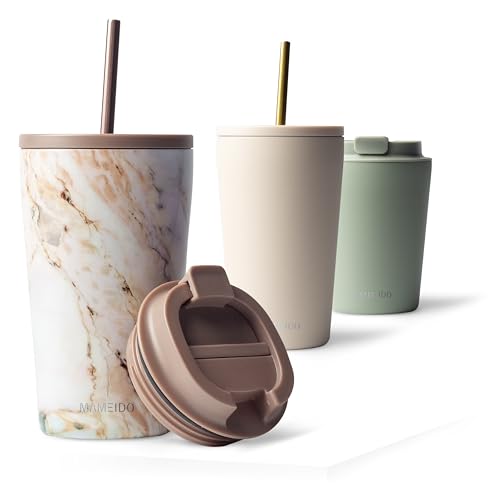 MAMEIDO Thermobecher mit Strohhalm 470 ml, Trinkbecher mit Deckel und Strohhalm aus Edelstahl doppelwandig isoliert, auslaufsicher, Coffee to go Becher (Pearl Marble) MAMEIDO Thermobecher mit Strohhalm 470 ml, Trinkbecher mit Deckel und Strohhalm aus Edelstahl doppelwandig isoliert, auslaufsicher, Coffee to go Becher (Pearl Marble) von MAMEIDO