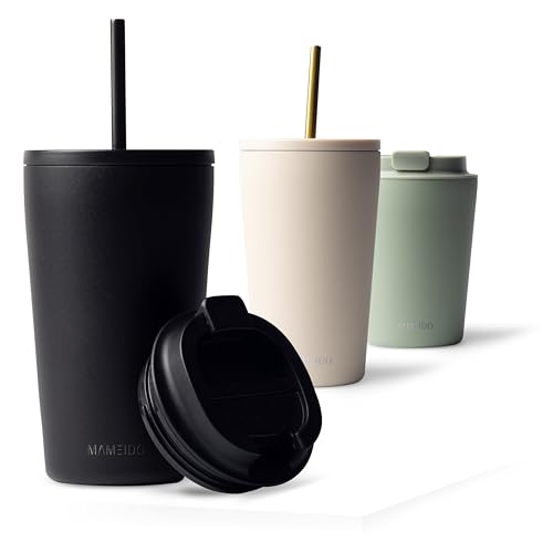 MAMEIDO Thermobecher mit Strohhalm 470 ml, Trinkbecher mit Deckel und Strohhalm aus Edelstahl doppelwandig isoliert, auslaufsicher, Coffee to go Becher (Rich Black) von MAMEIDO